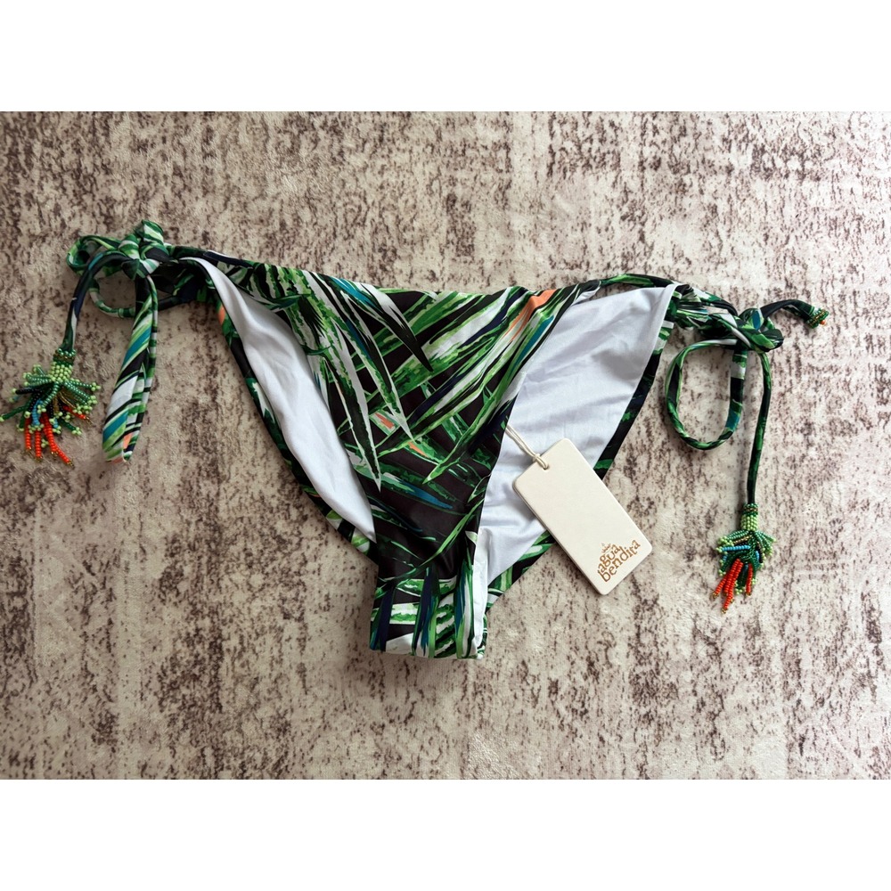 Agua Bendita Bikini Bottom‎ Tropical Print Beaded Tassels Side Ties Sz Large NWT